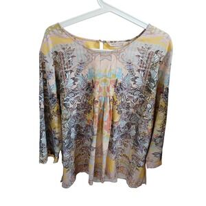 Soft Surroundings Yellow Floral Print Pintuck Pleated Long Sleeve Tunic Top 1X